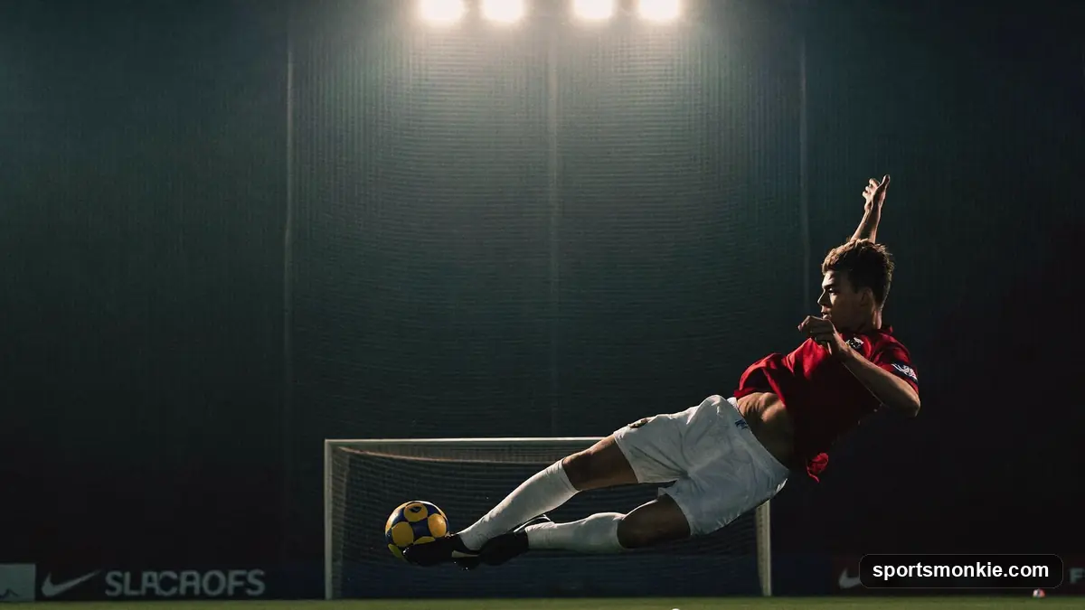 Football in the top corner of a goal net under stadium floodlights