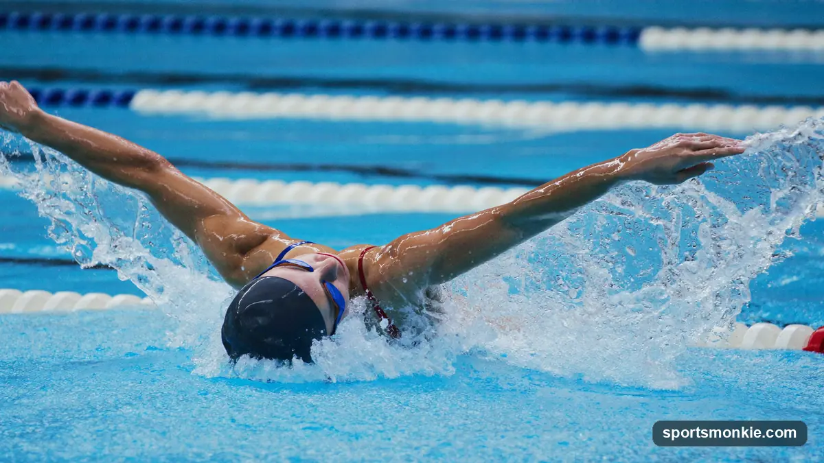 Swimmer touching the wall first as the scoreboard lights up at an Olympic pool