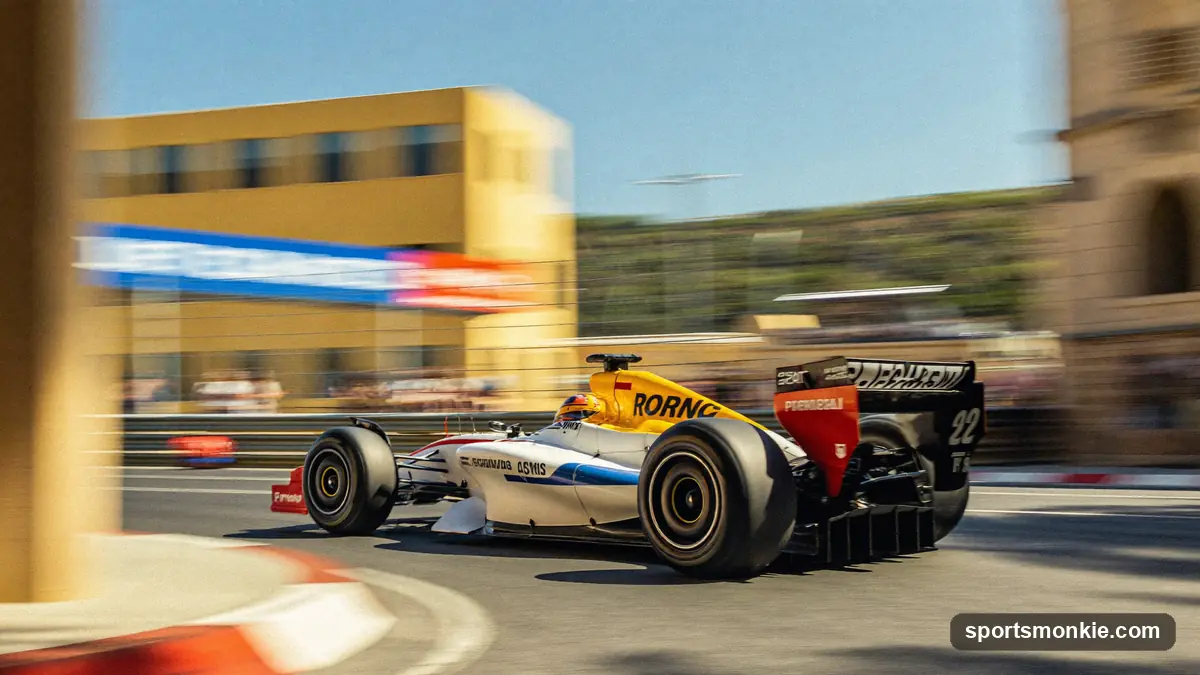 Formula 1 car on a race track with a grandstand behind