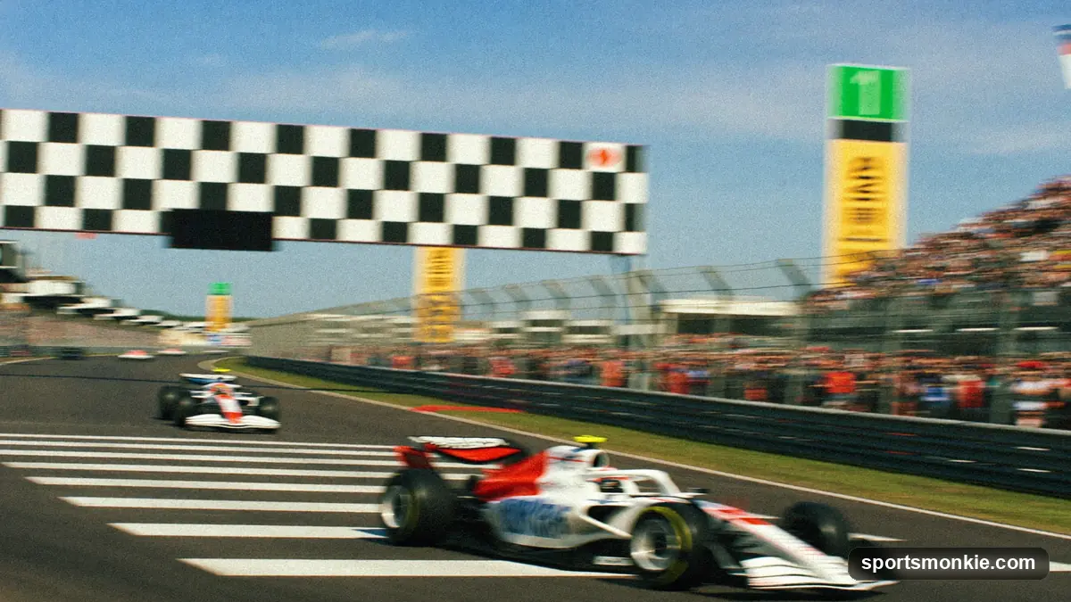 Formula 1 car speeding through a corner with motion blur and grandstands behind