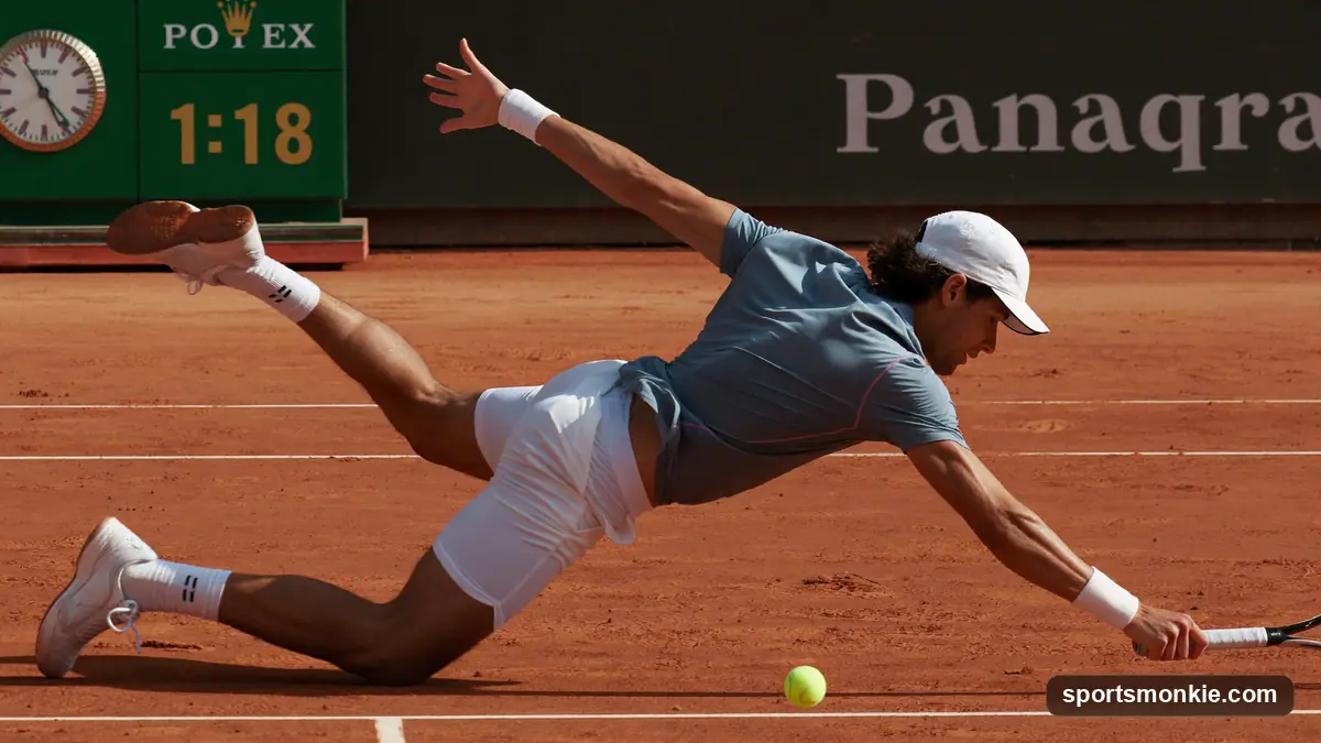 Tennis player on a red clay court holding a trophy with a stadium crowd behind