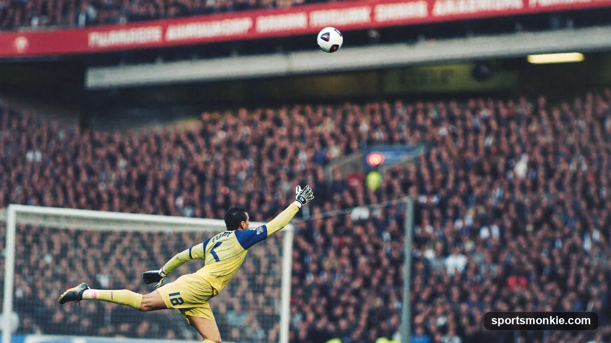 Goalkeeper stepping up to strike a free kick with the goal behind him
