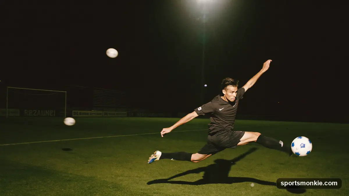 Soccer striker celebrating a goal under Champions League stadium floodlights