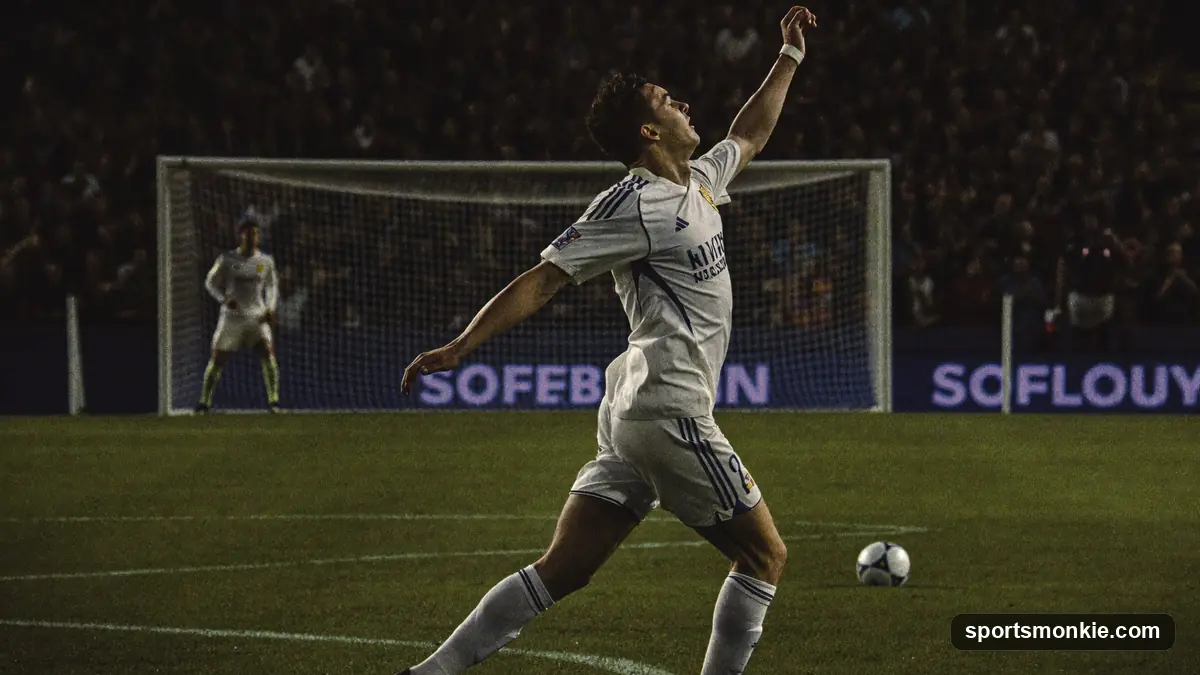 Soccer striker celebrating a goal in front of a packed stadium crowd