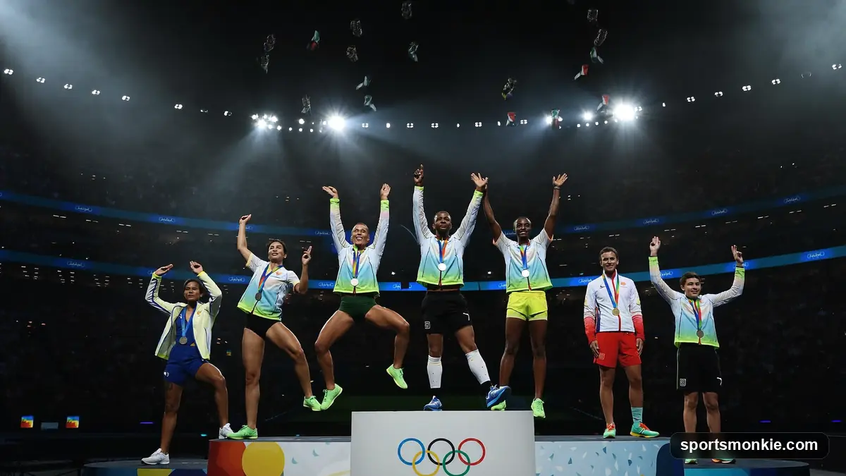Olympic gold medals resting on a national flag
