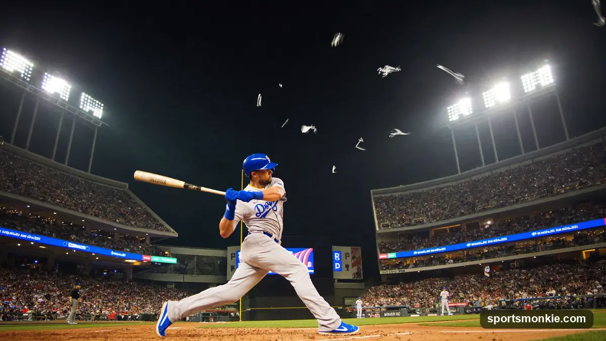Baseball player swinging at the plate under stadium lights with the bases loaded