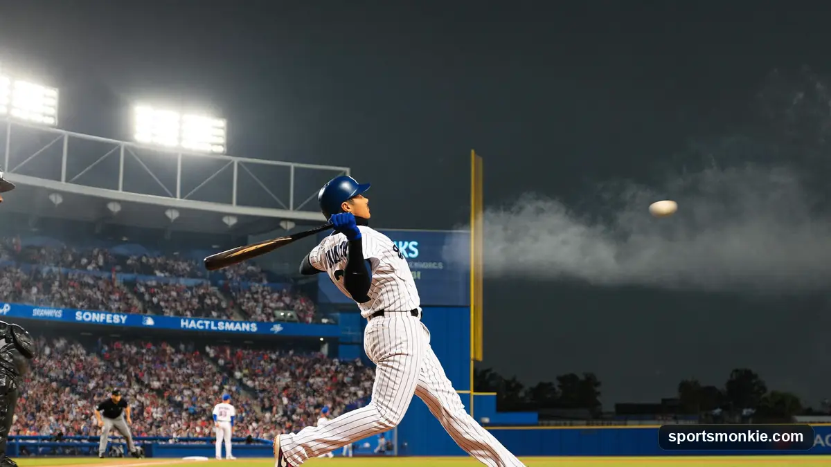 Baseball bat and ball resting on home plate under stadium lights