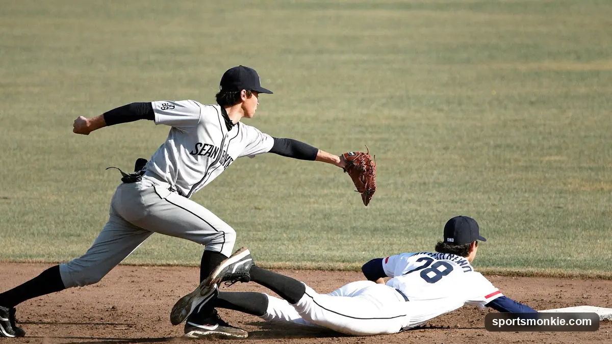 Baseball bat and ball resting on the infield dirt near shortstop