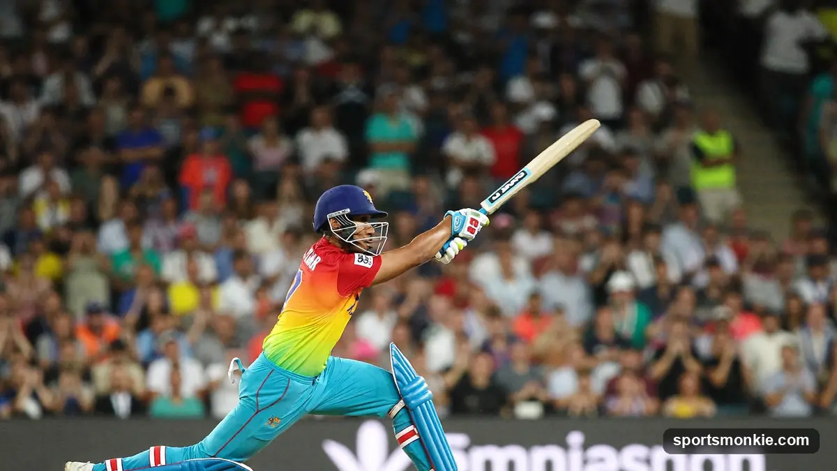 Batter driving through the covers under floodlights in a Twenty20 match