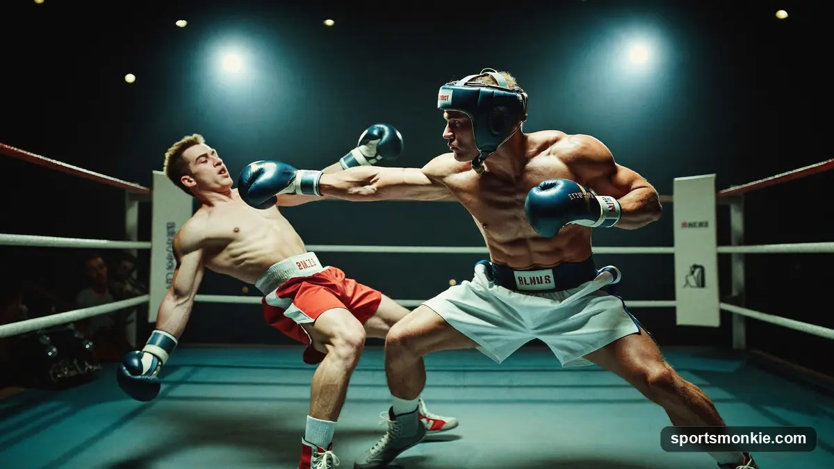 Boxing gloves resting on the ropes of a dimly lit boxing ring