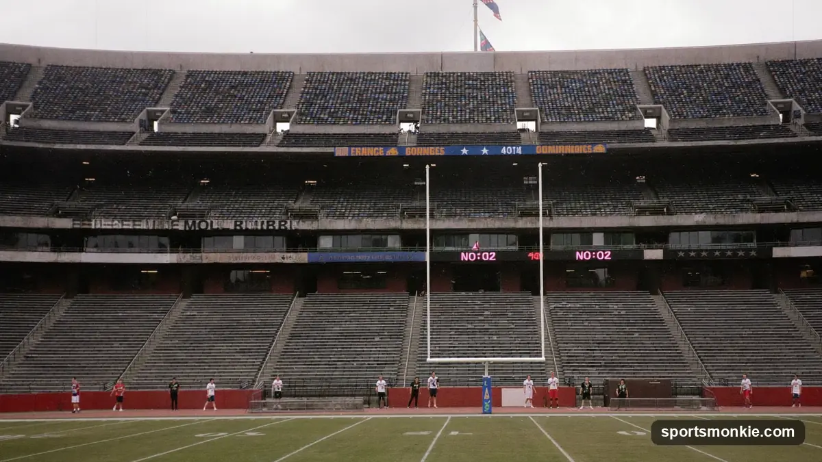 A weathered NFL helmet resting on an empty bench in a quiet stadium