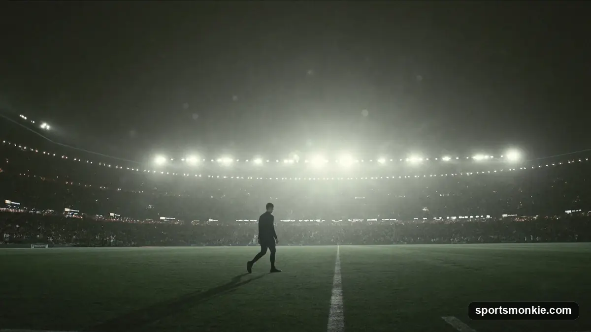 A stadium-side advertising hoarding lit at night with a sports broadcast camera in the foreground