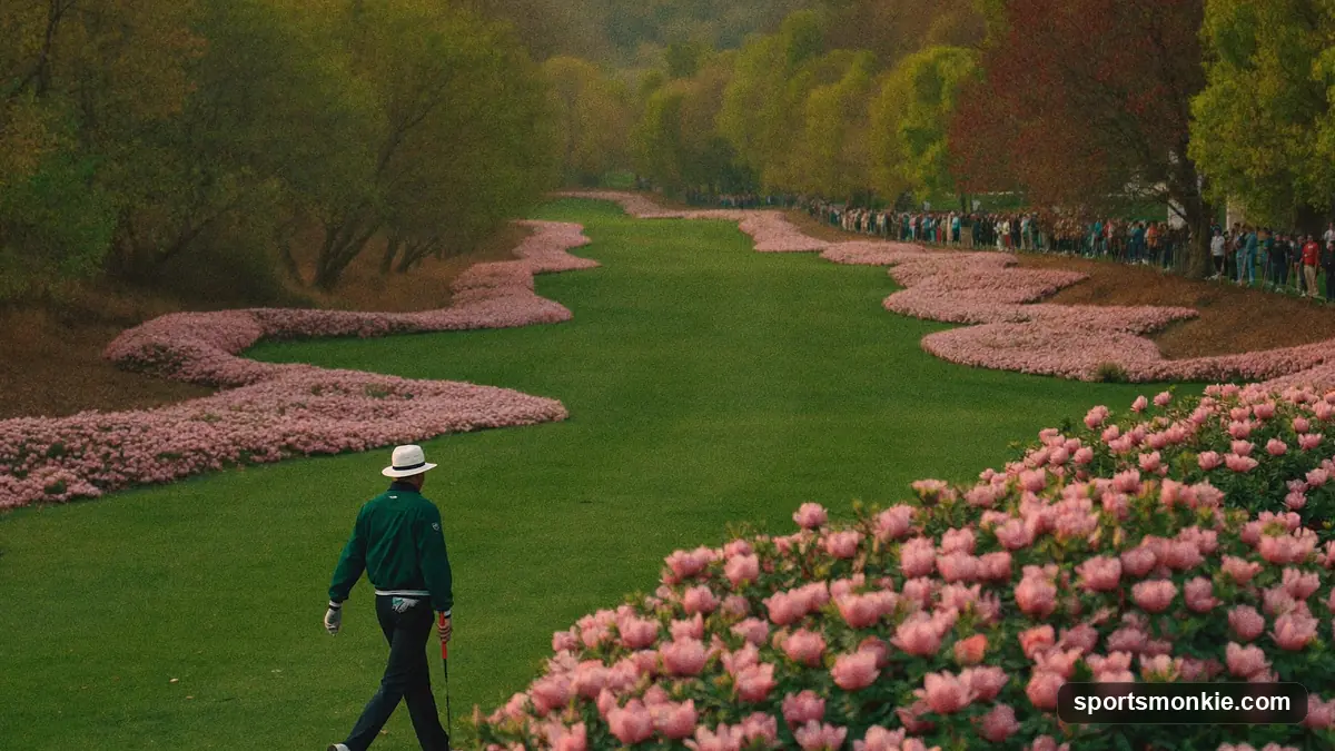Green jacket hanging beside a golf trophy with Augusta-style azaleas in the background