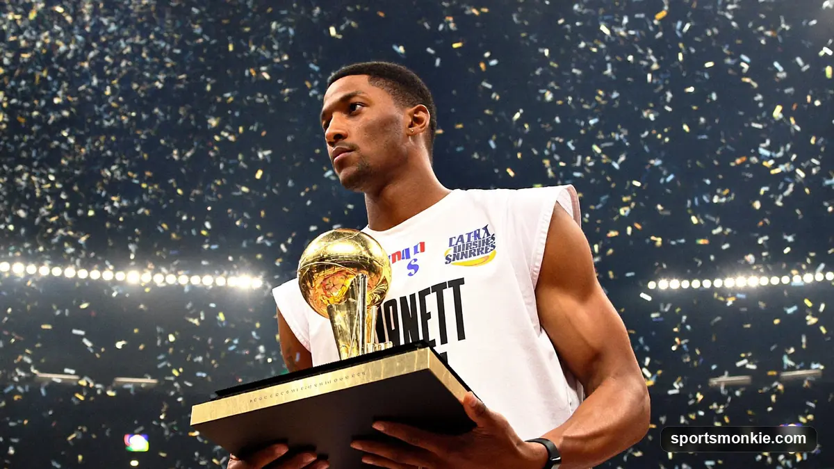 NBA championship trophy on a stand inside an empty basketball arena