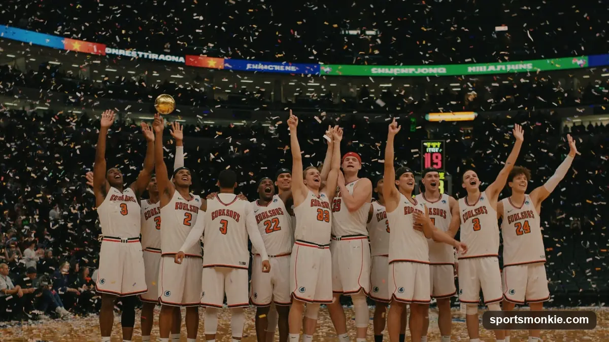 Basketball net and hoop with confetti falling during a championship celebration