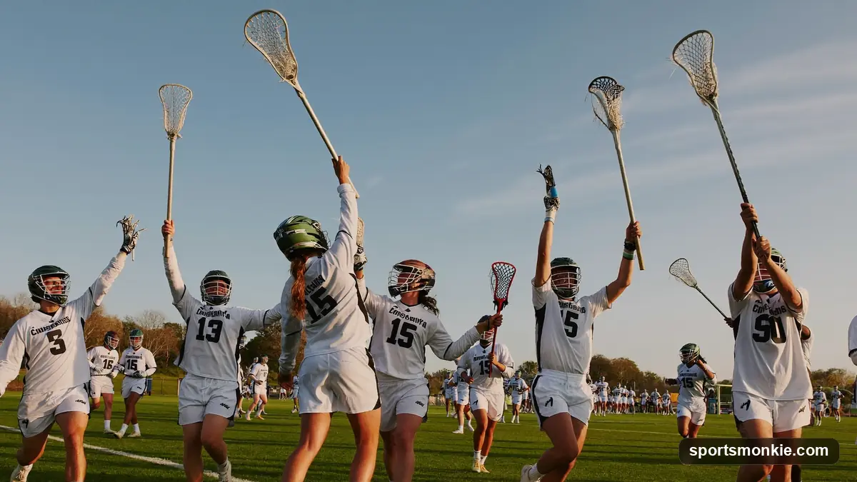 College lacrosse team celebrating with a championship trophy after an NCAA final