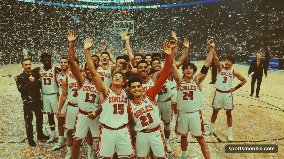 College basketball players celebrating on court during the NCAA Tournament with confetti falling