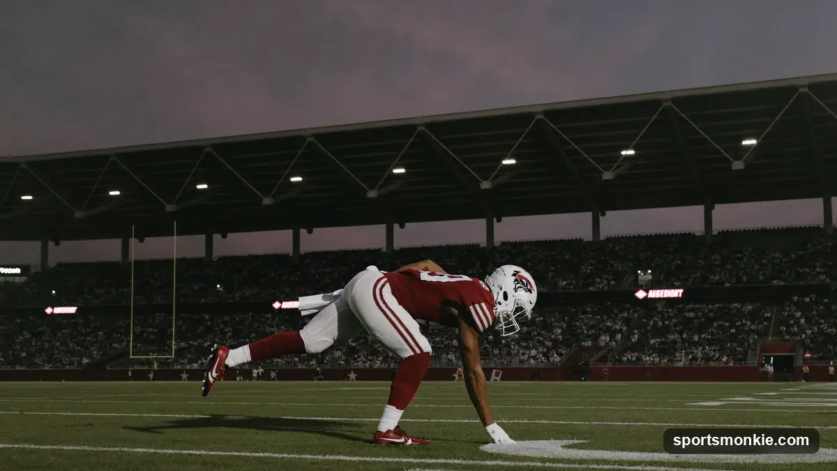 American football resting on a stadium field under bright lights