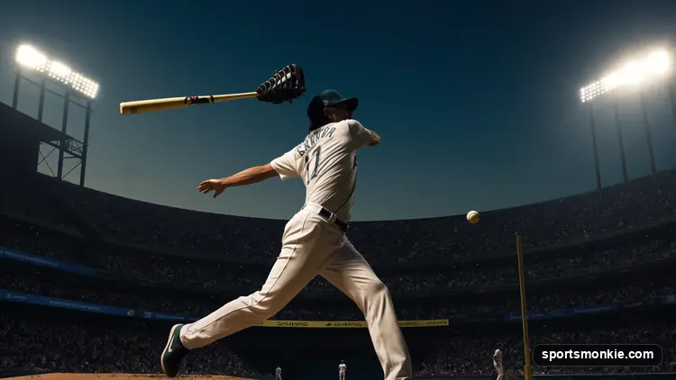 Baseball pitcher mid-windup on the mound under stadium lights