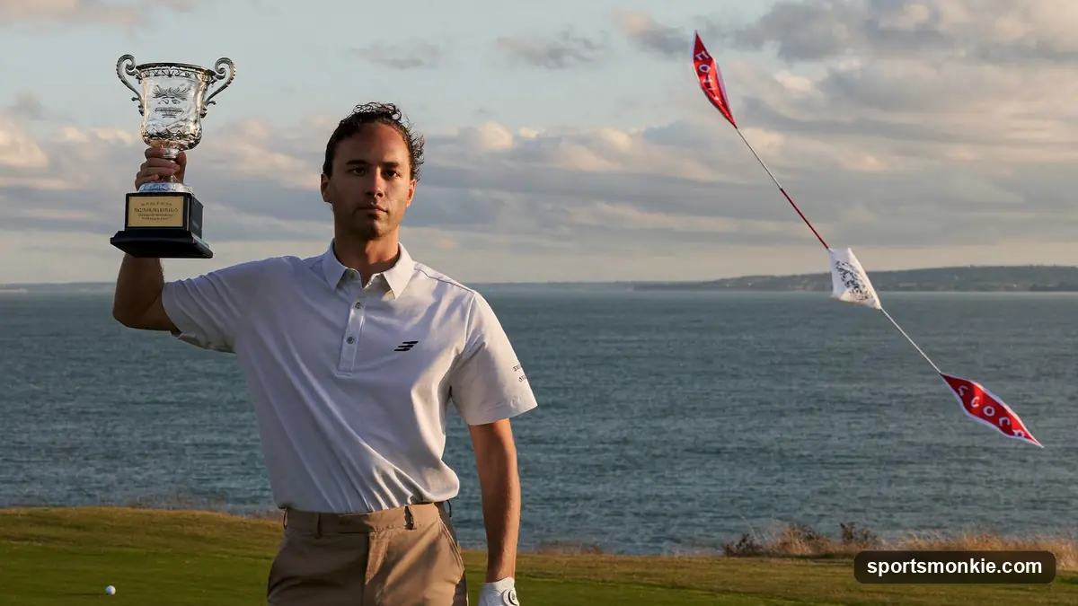 The Claret Jug trophy on a links golf course with the sea behind
