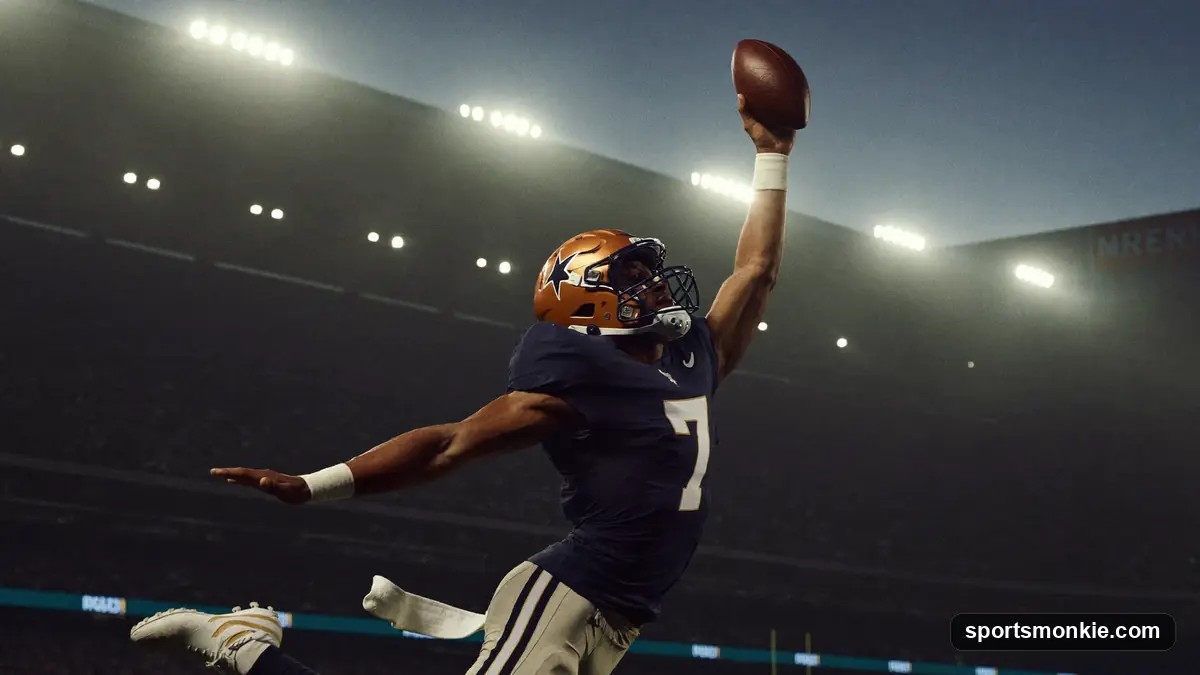 Quarterback throwing a touchdown pass into the end zone under stadium lights