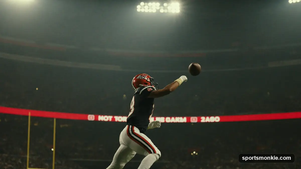 Quarterback throwing a deep pass in a packed NFL stadium under the lights
