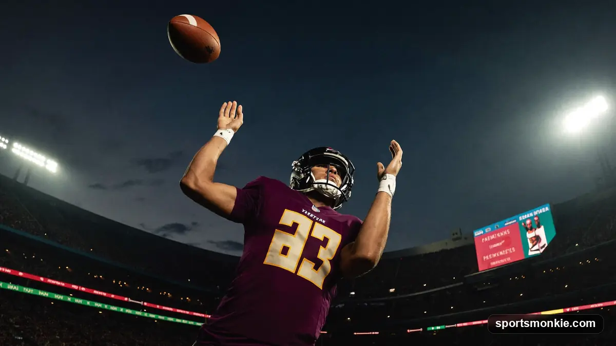 NFL quarterback releasing a long downfield pass in a packed stadium