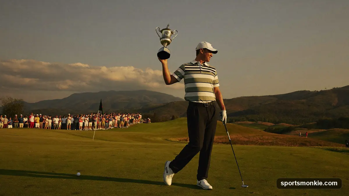 Golfer following through on a drive from the tee with a fairway stretching ahead