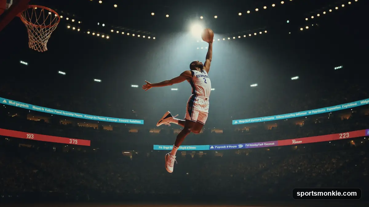 Basketball dropping through a hoop with an arena scoreboard glowing in the background
