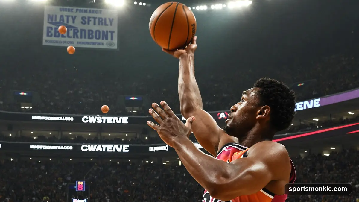 A shooting guard releasing a three-pointer as an arena scoreboard glows behind him