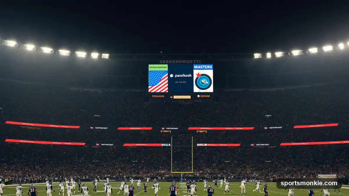 Super Bowl scoreboard glowing above a packed NFL stadium at night