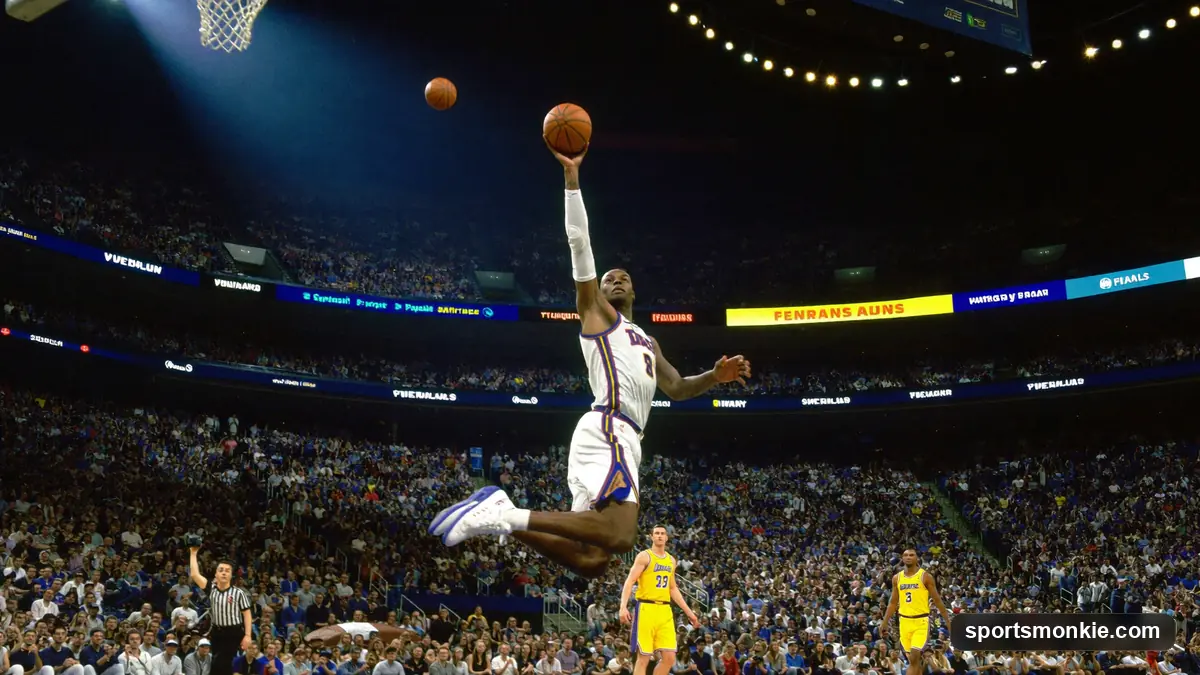Basketball above the rim during a playoff game with a packed arena behind