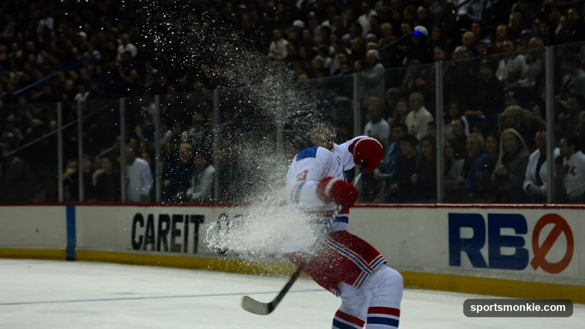 Hockey puck and stick on the ice with an arena scoreboard glowing above
