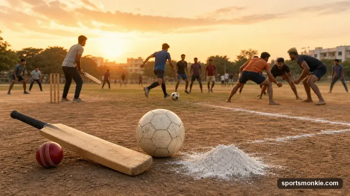 A collage-style scene of cricket, football, and kabaddi equipment, representing India's popular sports