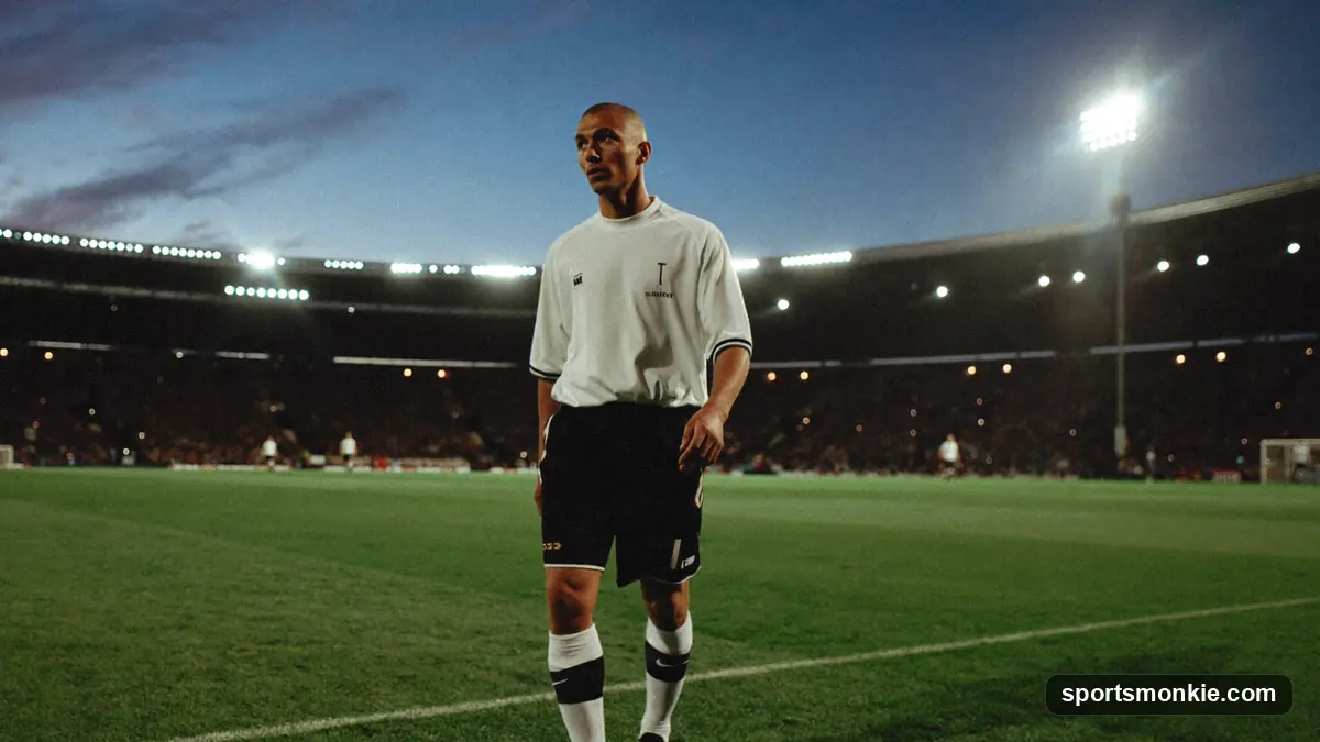 Football boots and a match ball on a Premier League pitch under floodlights