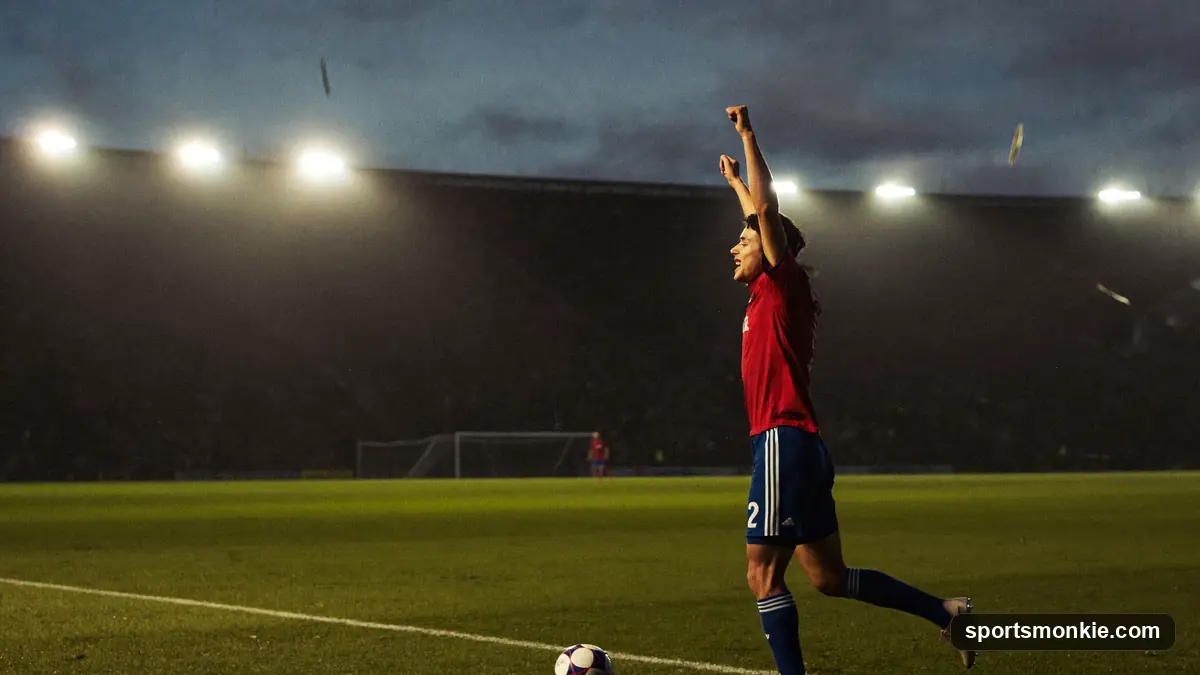 Football striker celebrating a goal in front of a packed Premier League stadium