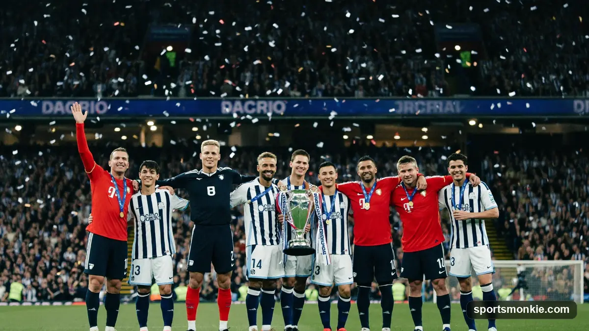 Premier League trophy adorned with ribbons on a plinth inside a floodlit stadium
