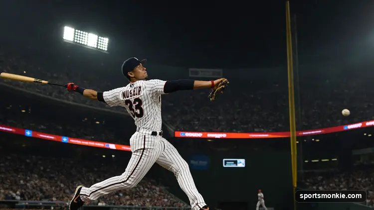 Batter connecting with a pitch as a runner rounds third base