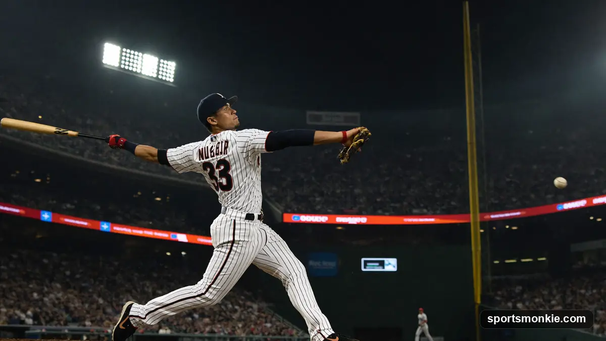 Batter connecting with a pitch as a runner rounds third base