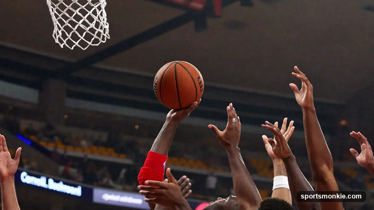 A center grabbing a rebound high above the rim in a packed arena