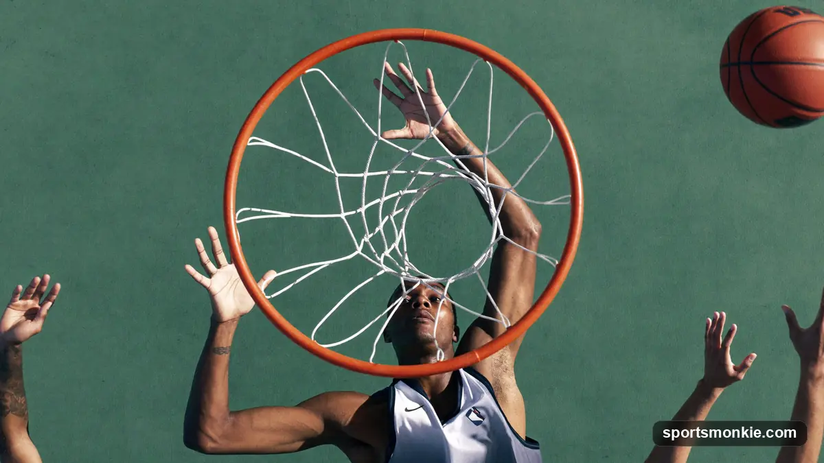 Basketball bouncing off the rim above a hardwood court