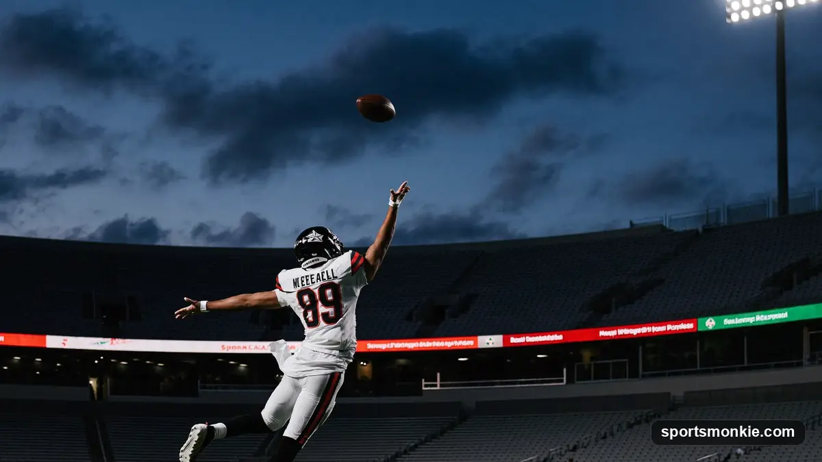 Wide receiver catching a football near the end zone under stadium lights