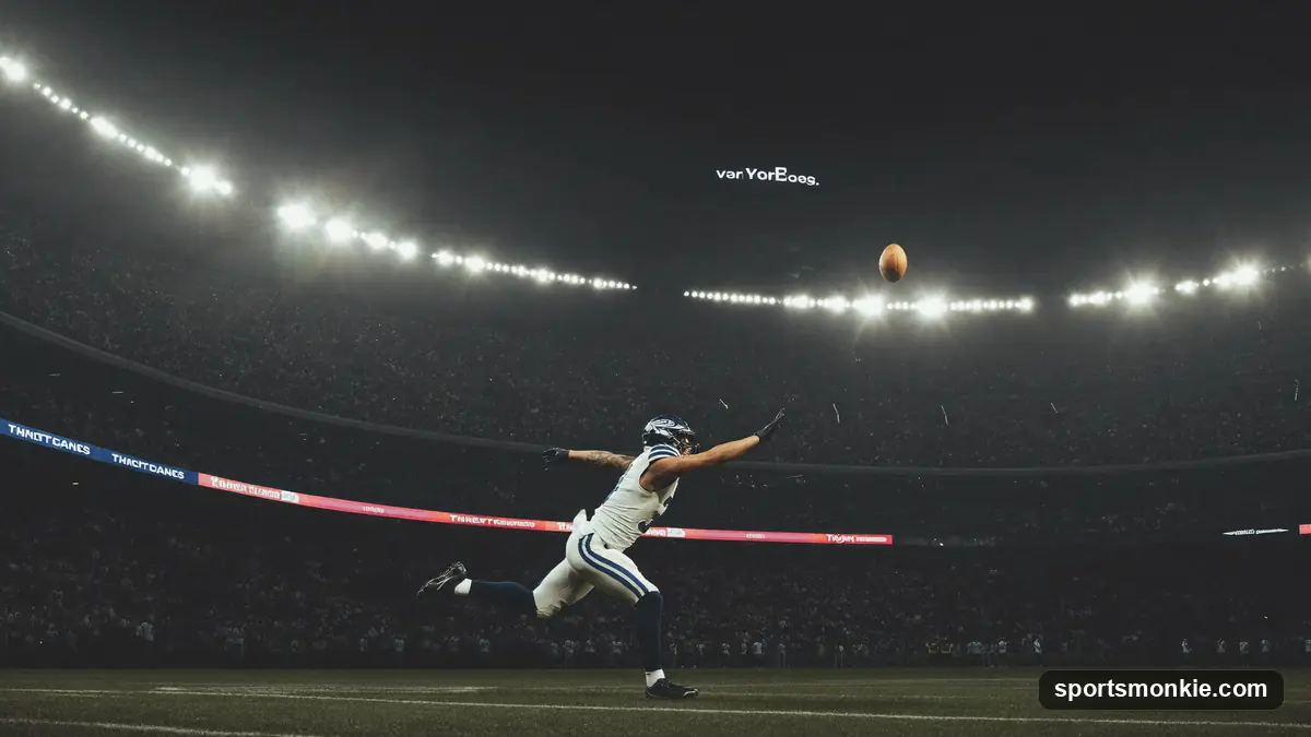 Wide receiver leaping to catch a football along the sideline in a packed stadium