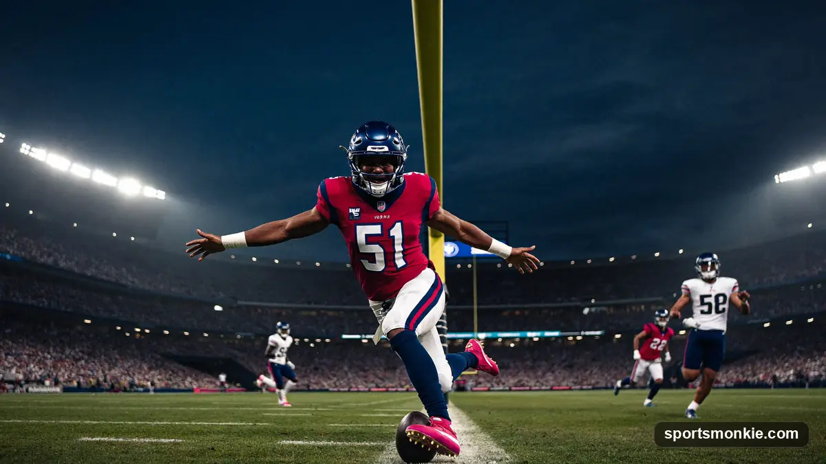 Running back carrying the football upfield through defenders under stadium lights