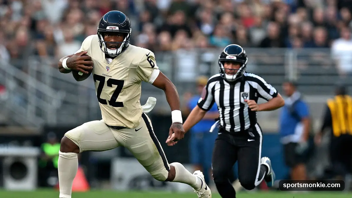 Quarterback breaking the pocket and running downfield past defenders