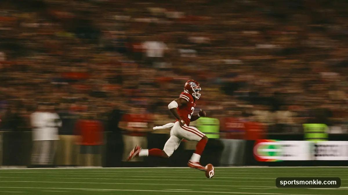 A running back bursting through the line of scrimmage under stadium lights