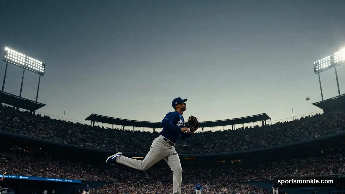 Relief pitcher throwing from the mound under stadium lights