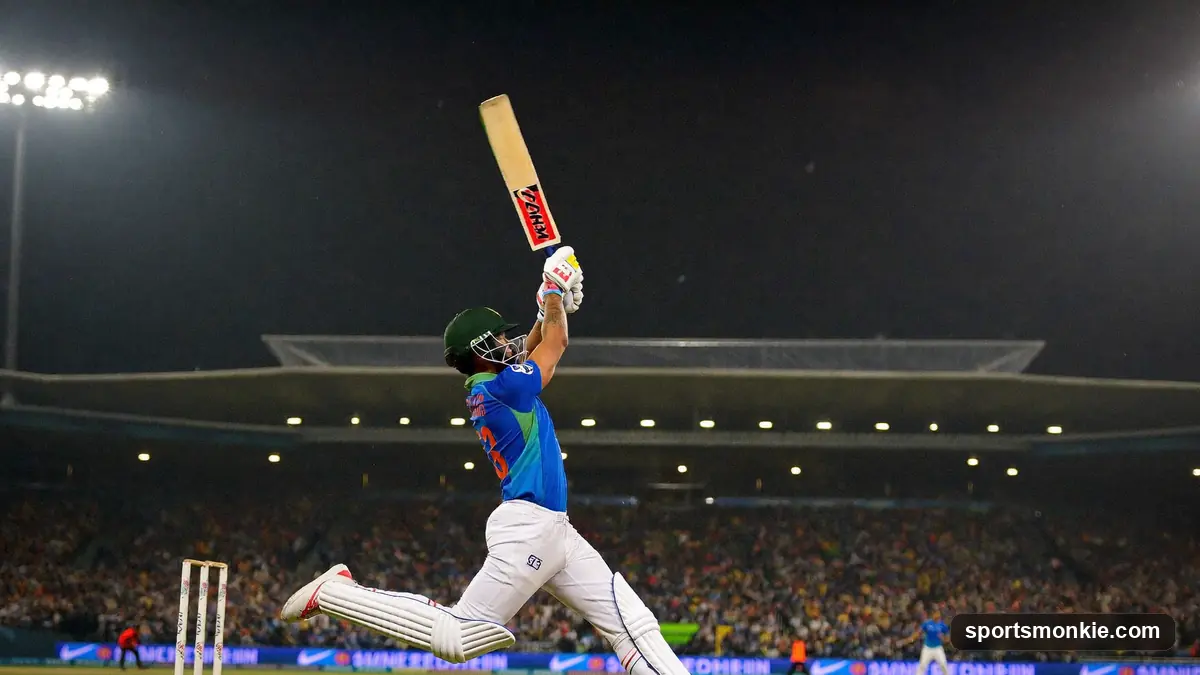 A cricket bat striking a ball for six, illustrating the most sixes in international cricket