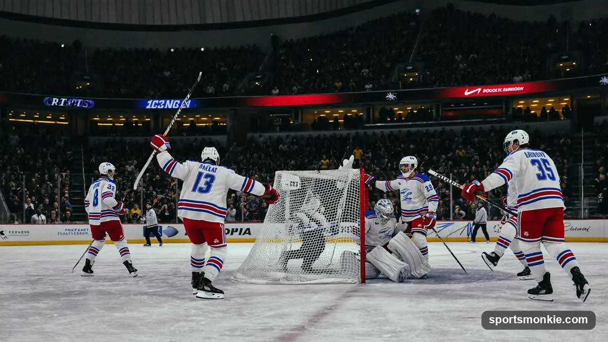 Ice hockey rink with a goal net under bright arena lights
