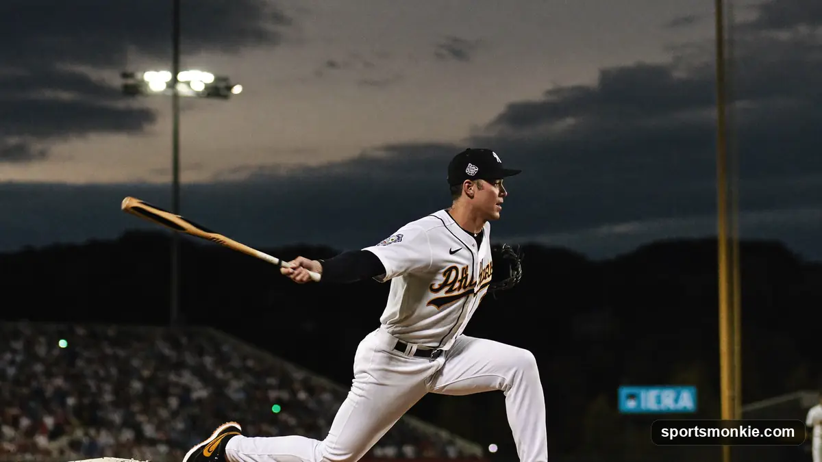 Pitcher releasing a fastball toward home plate under stadium lights